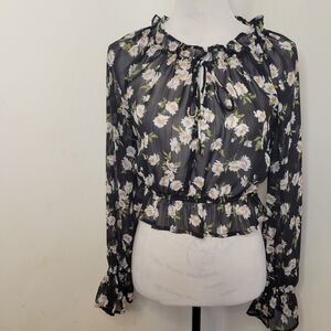 Mi Ami Sheer Floral Cropped Blouse – Women’s Size Medium – Long Sleeve Ruffle...